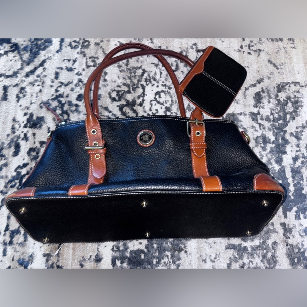Dooney & Bourke Leather Satchel and Coin Purse Black Brown Trim Gold Hardware